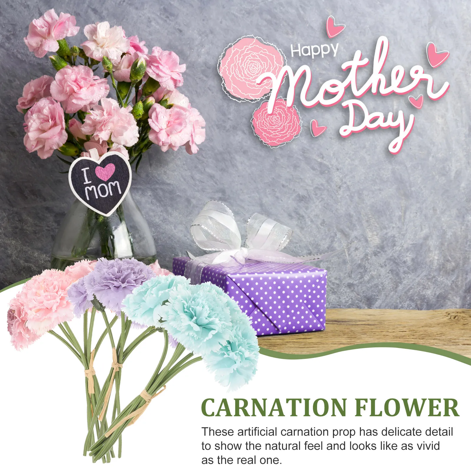 

Artificial Carnation Bouquet Plastic Flowers 3 Bunches Mothers Day Decor Fake Carnation Bedroom Living Room Vase Flower