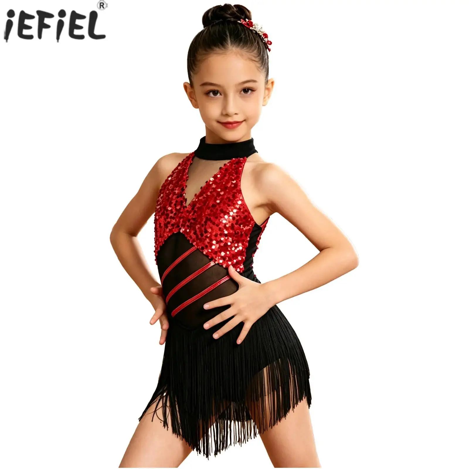 Traje de Baile Latino Cha-cha Salsa para Niñas, con Lentejuelas Brillantes, Halter sin Mangas, Malla con Borlas, Leotardo para Jazz, Tango, Samba, Rumba