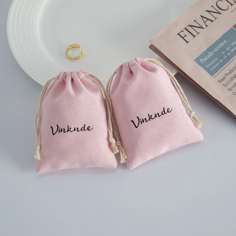 Custom Logo Cotton Gift Bags Jewelry Drawstring Packaging Pouch Rings Makeup Party Bead Bottle Sachet Pocket Pink Cotton Bag