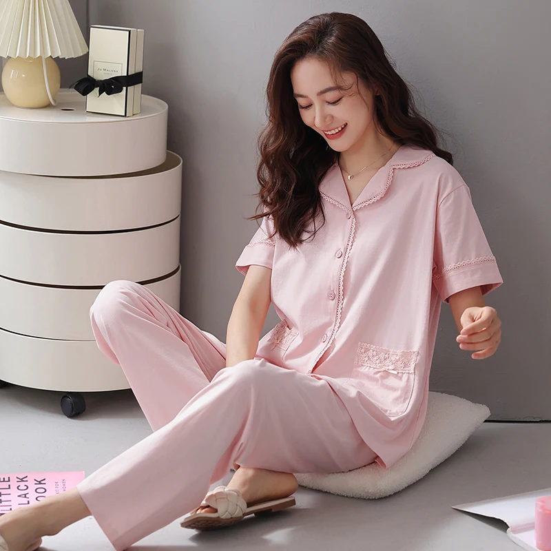 

Big Size M-3XL Summer Pajama Sets Women Knited Cotton Turn-down Collar Home Wear Female Short Sleeve Pyjamas