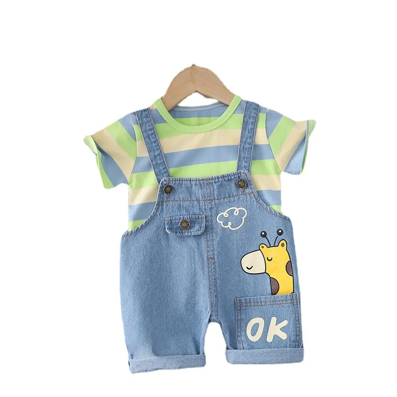 Summer Baby Boy Set Clothes Cartoon giraffe Suit Short Sleeve Top+Cowboy Shorts Newborn Outfit