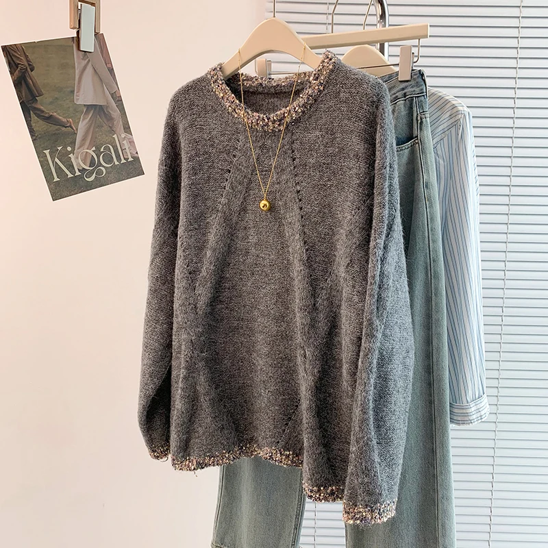 سترة غير رسمية للنساء 2025 جديدة بأكمام طويلة ورقبة دائرية بلوفرات متماسكة دافئة لخريف وشتاء ملابس كورية