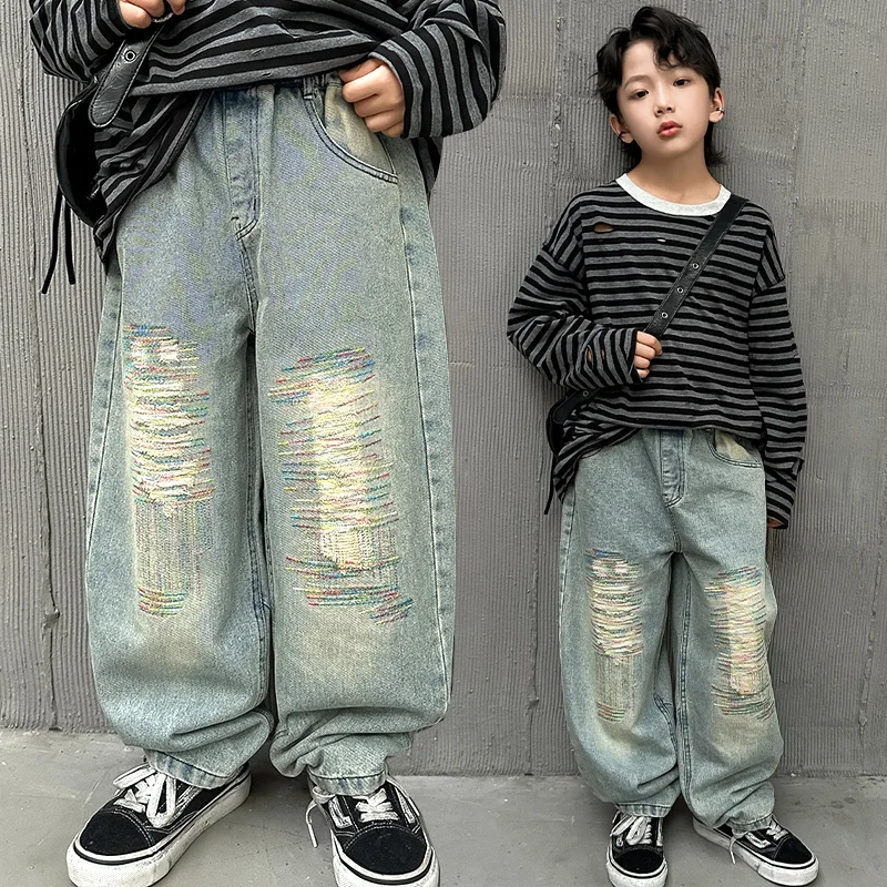 Stylish Children Distressed Baggy Jeans For Boys Loose Casual Wide Leg Denim Pants Kids Spring Autumn Ripped Jeans Trousers 5-14
