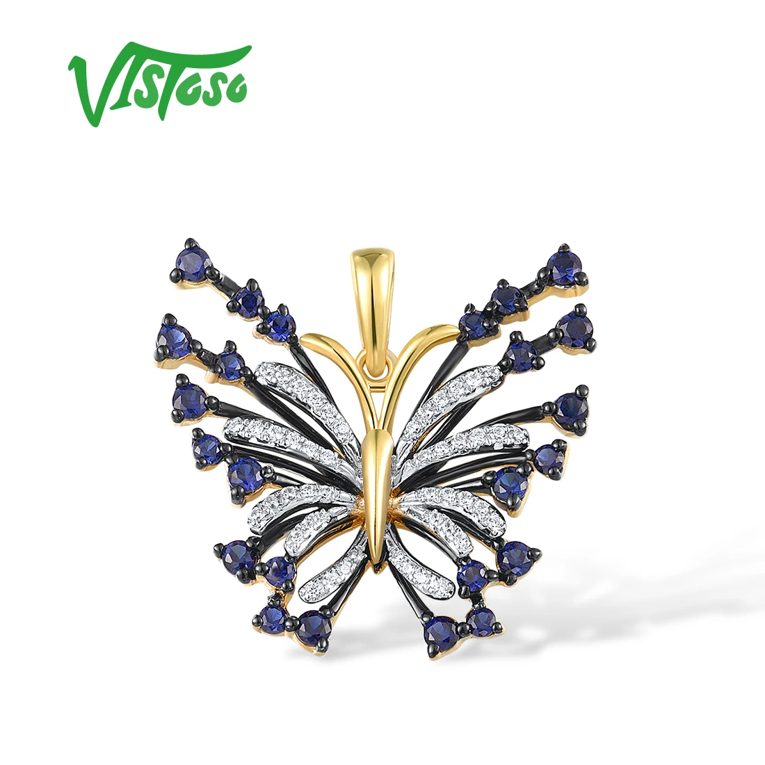 VISTOSO Real 14K 585 Yellow Gold Pendant For Women Sparkling Diamonds Blue Sapphire Butterfly Daily Wear Gifts Fine Jewelry