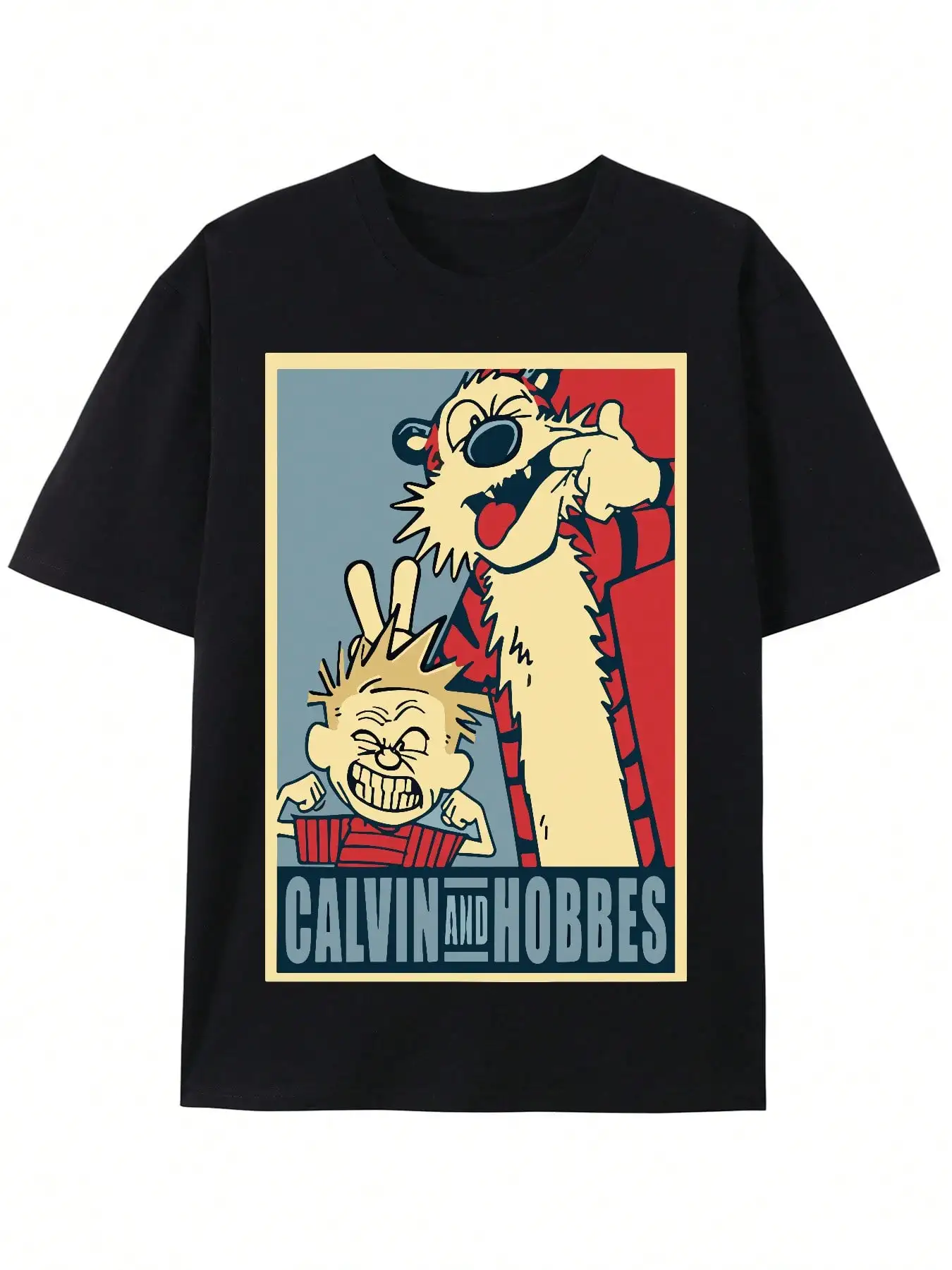 تي شيرت رجالي برسومات كالفين وهوبز باللون الأسود كاجوال برقبة دائرية وأكمام قصيرة من القماش المحبوك بتصميم كرتوني مرح متوسط التمدد