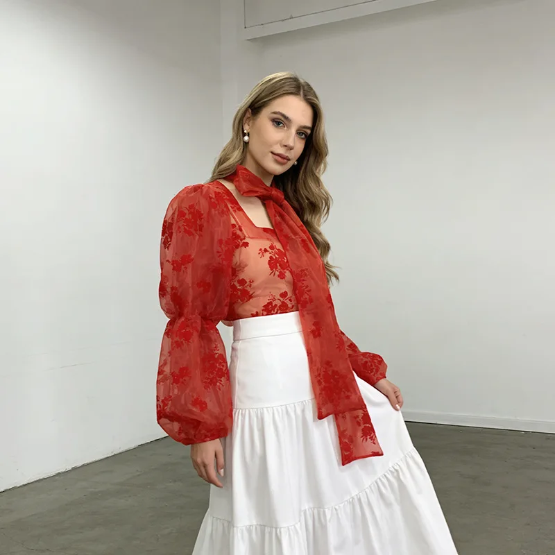 

Spring Sweet Style Women's Fashion French Mesh Shirts&Blouses Breathable Lightweight Long Sleeve Top