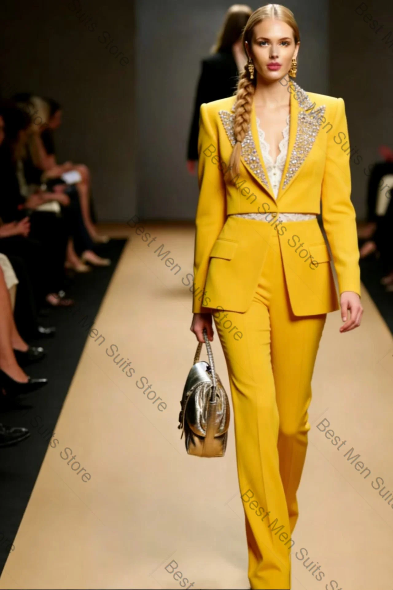 

Yellow Spring Women Suit Set 2 Pcs Crystals Blazer+Pants Trousers Formal Office Jacket Customized Wedding Tuxedo Guest Coat