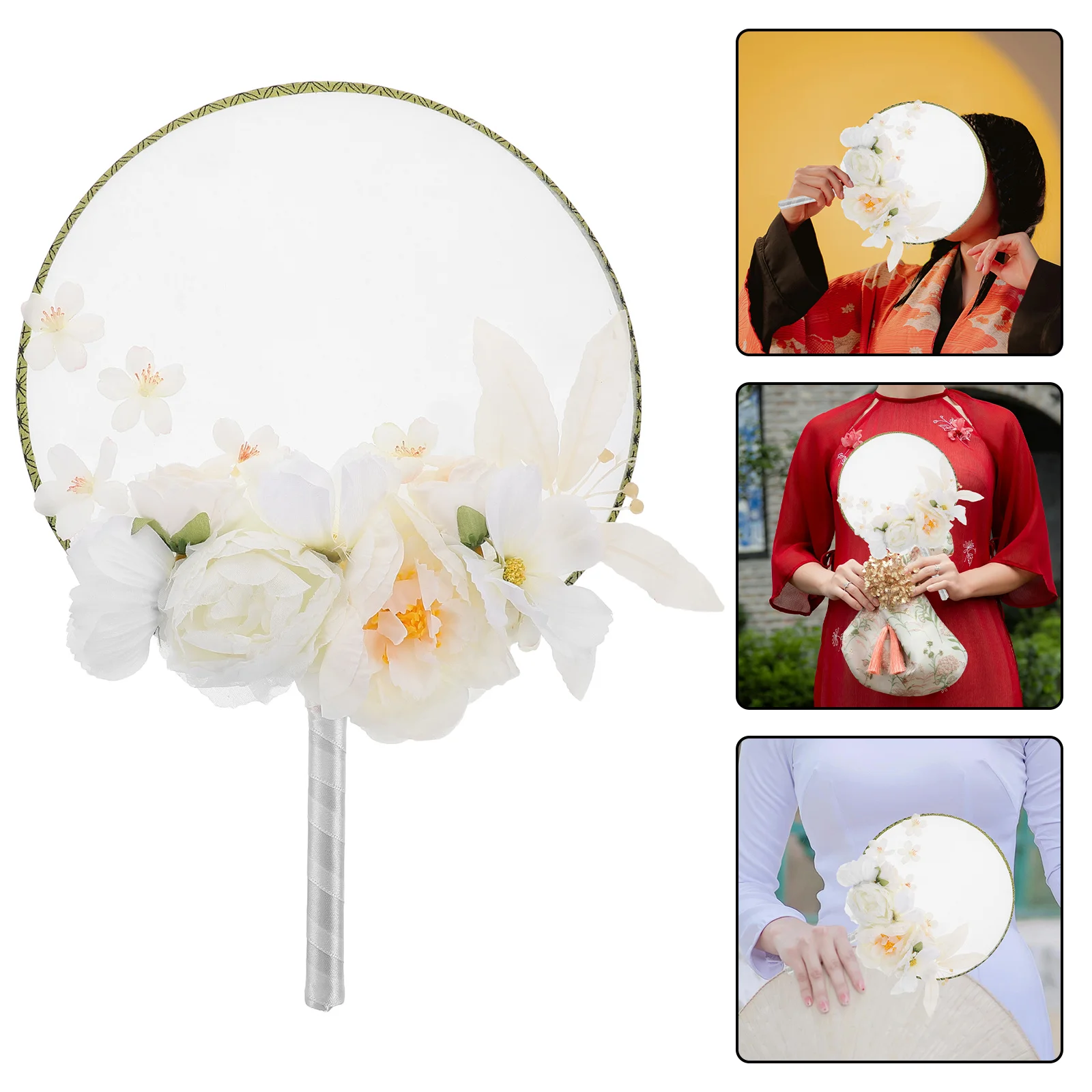 

Chinese Round Fan White New Chinese Aesthetics Floral Embroidery Tassel Decorative Handheld Paddle for Home Wedding Photography