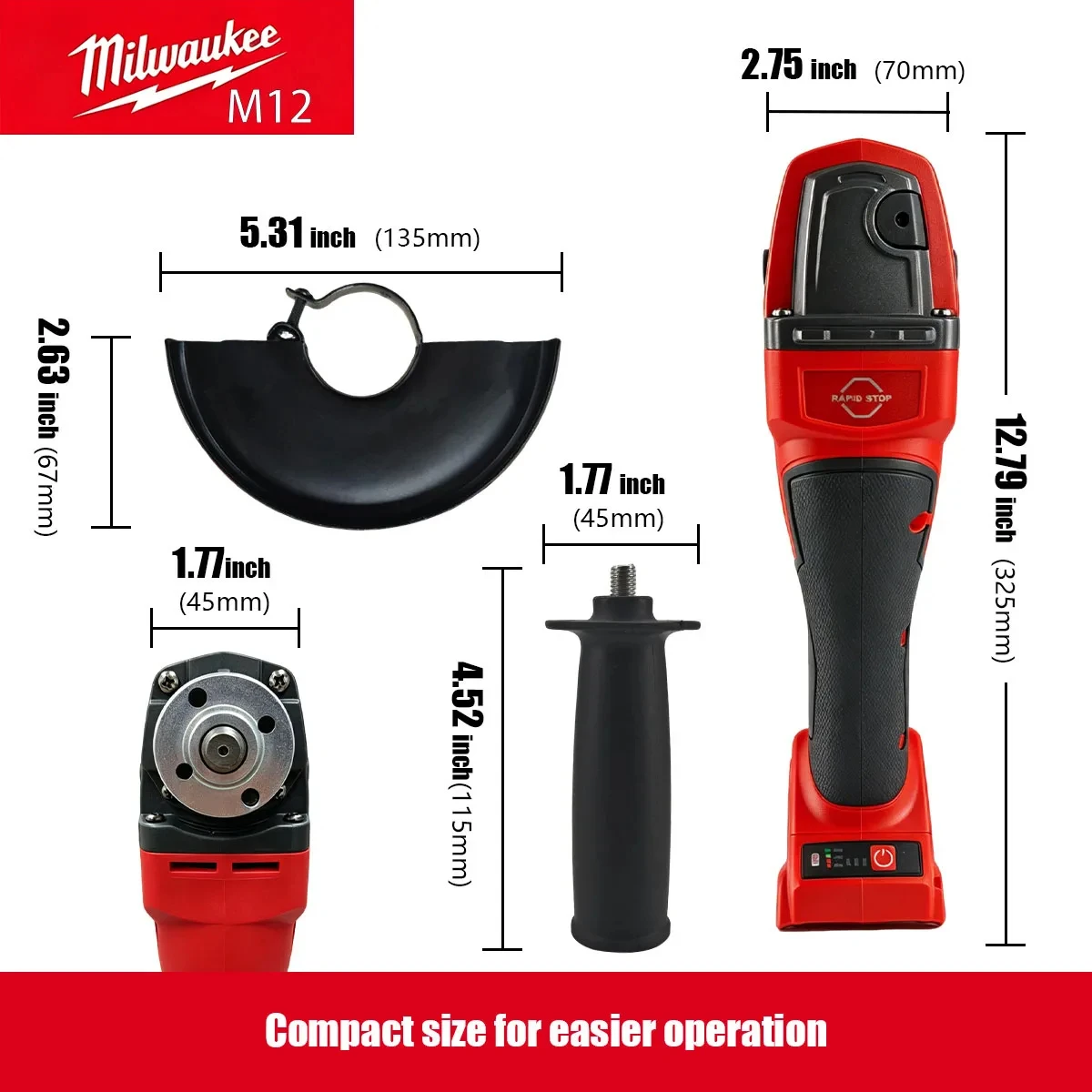 Milwaukee M12 8500RPM 3 Gears Adjustable Speed Angle Grinder 100mm 125mm Wheel Diameter Electric Polishing Cutting Grinding Tool