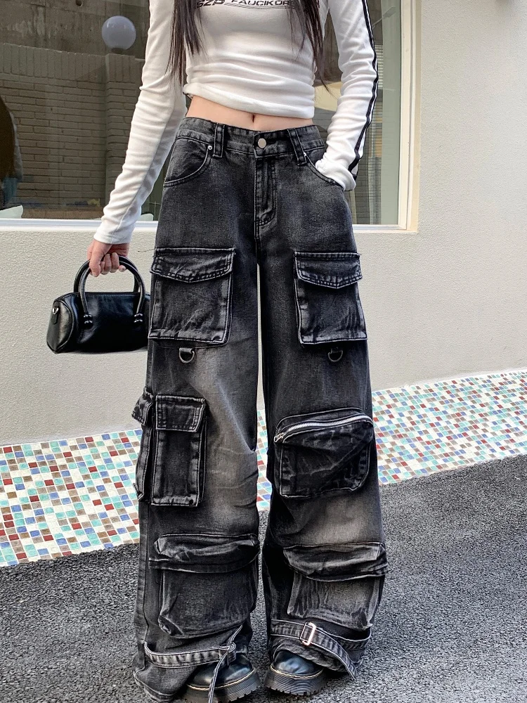 2024 Trashy Y2K Streetwear Washed Black Baggy Cargo Jeans Pants For Women Clothes Wide Leg Multi Pockets Gothic Lady Trousers