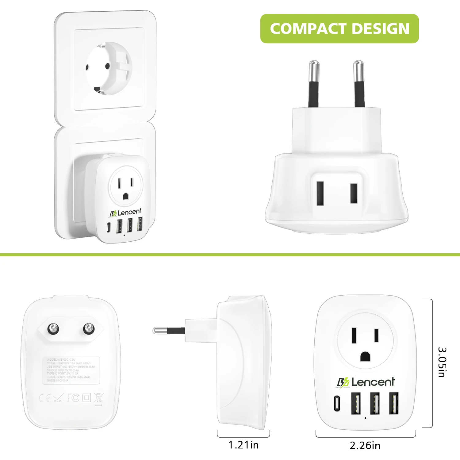 LENCENT US to EU Travel Adapter with 2 AC Outlet 3 USB and 1 Type C Power Adapter Overload Protection 6-in-1 Charger for Travel