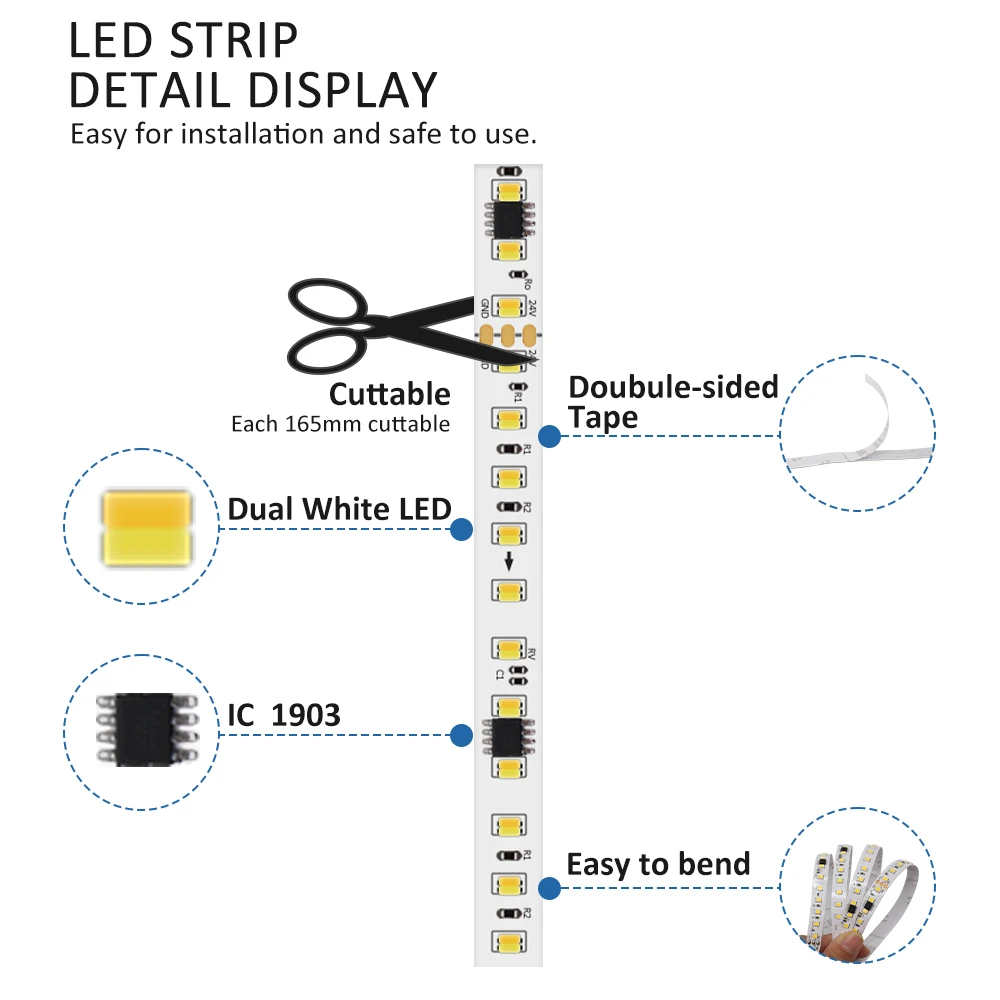 Horse Race Dual Color LED Strip Light 24V 2835 CCT Cool Warm White Running Water Flowing Ribbon 20M 1903 IC Chasing Linear Lamp