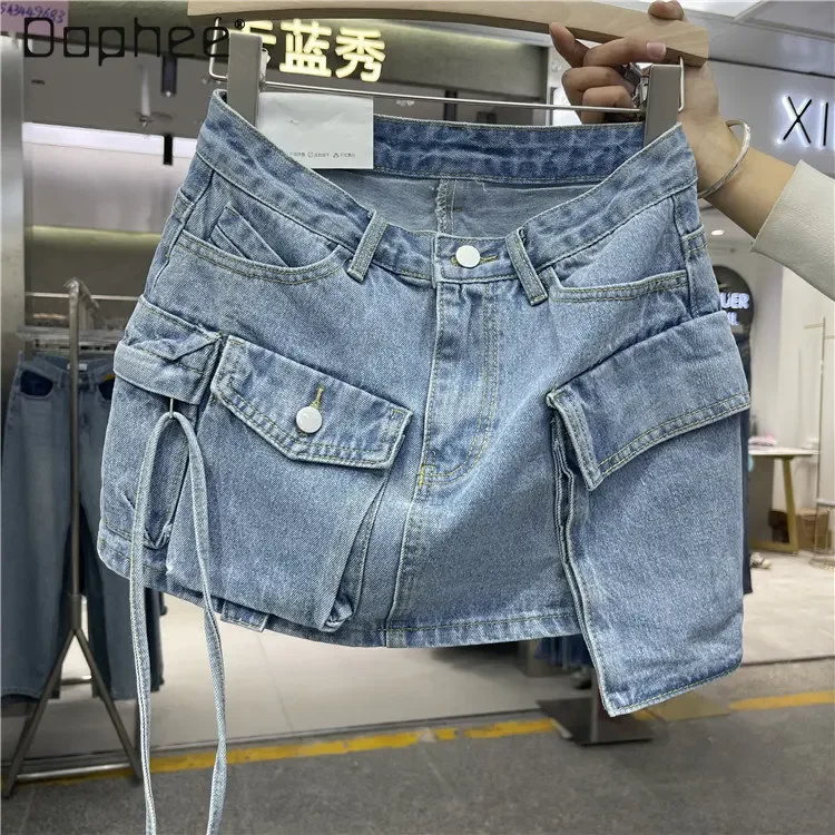 Personalized Workwear with Pocket Denim Skirt Streetwear Woman 2023 Spring and Summer New Casual Washed Anti-Exposure Jean Skirt