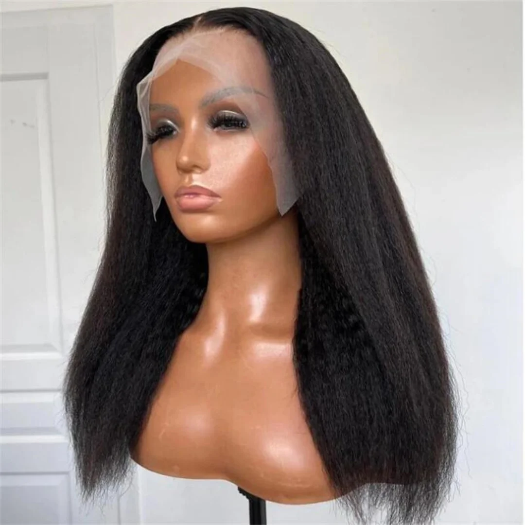

Soft Natural Yaki Long 26Inch 180Density Black Kinky Straight Preplucked Glueless Synthetic Lace Front Wig Baby Hair Middle Part