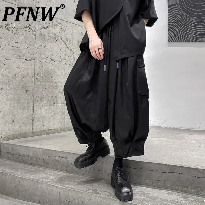 

PFNW Dark Style Men's Casual Pants Loose Lace-up Wide Leg Trousers Loose Straight Pockets Printing New Male Bottom Summer 12C256