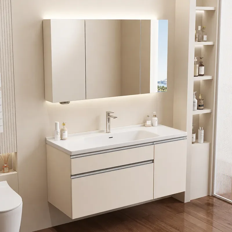Modern Simple Bathroom Vanity Cabinet with Ceramic Integrated Basin and Hand Wash Sink Combo for Guest Bath