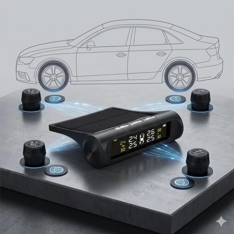 Solar TPMS Tire Pressure Monitor 4 External Sensors,Real-Time Tire Pressure & Temperature for All cars