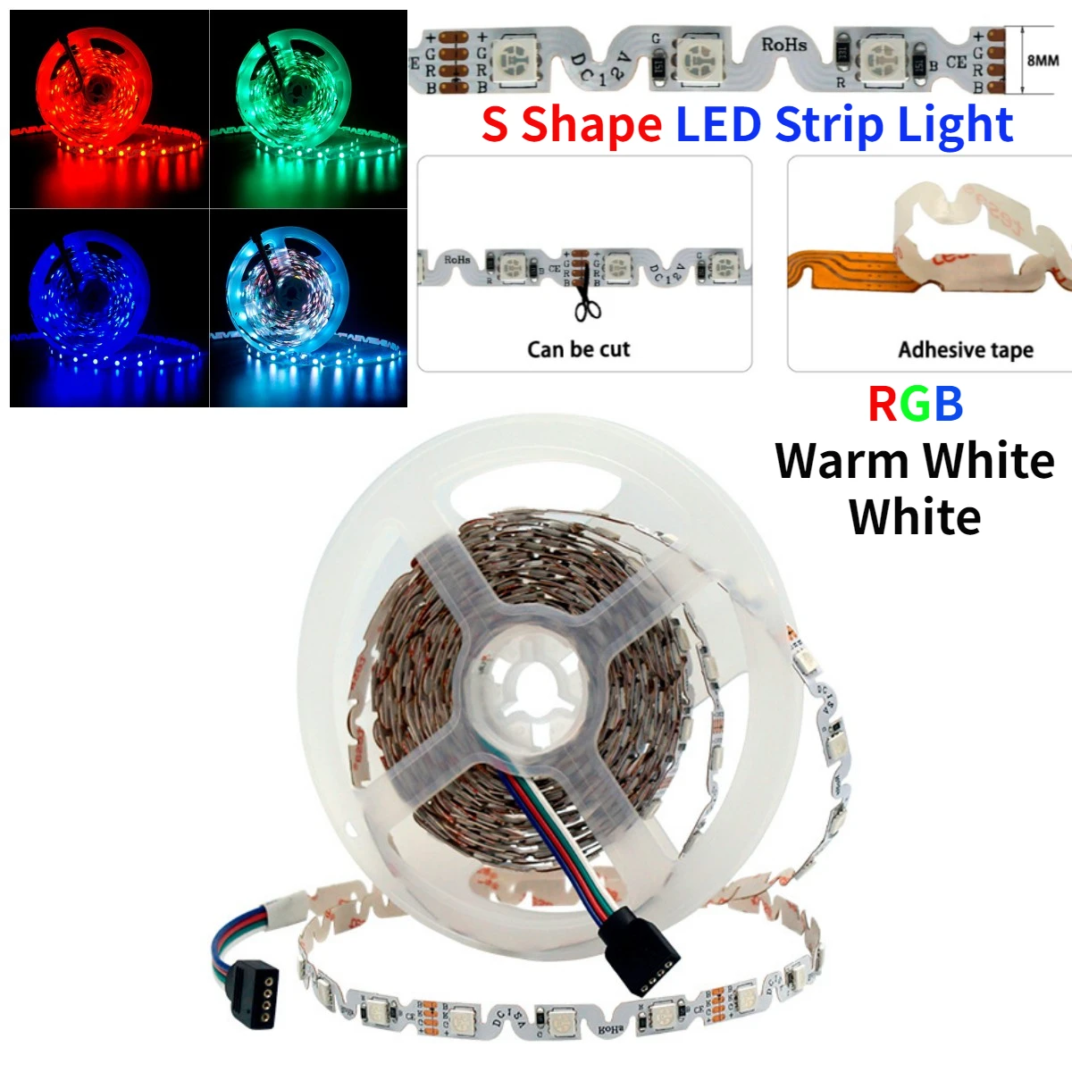 

12/24V S Shape LED Strip Light SMD5050 Flexible RGB/WarmWhite/White 5M 48/60LED/M Bending Channel Letter S Type For Indoor Decor