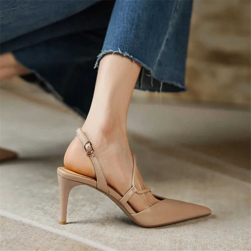 New Summer Sandals Genuine Leather Women Sandals Pointed Toe Back Strap Thin Heel Shoes for Women Casual Shoes Zapatos De Mujer