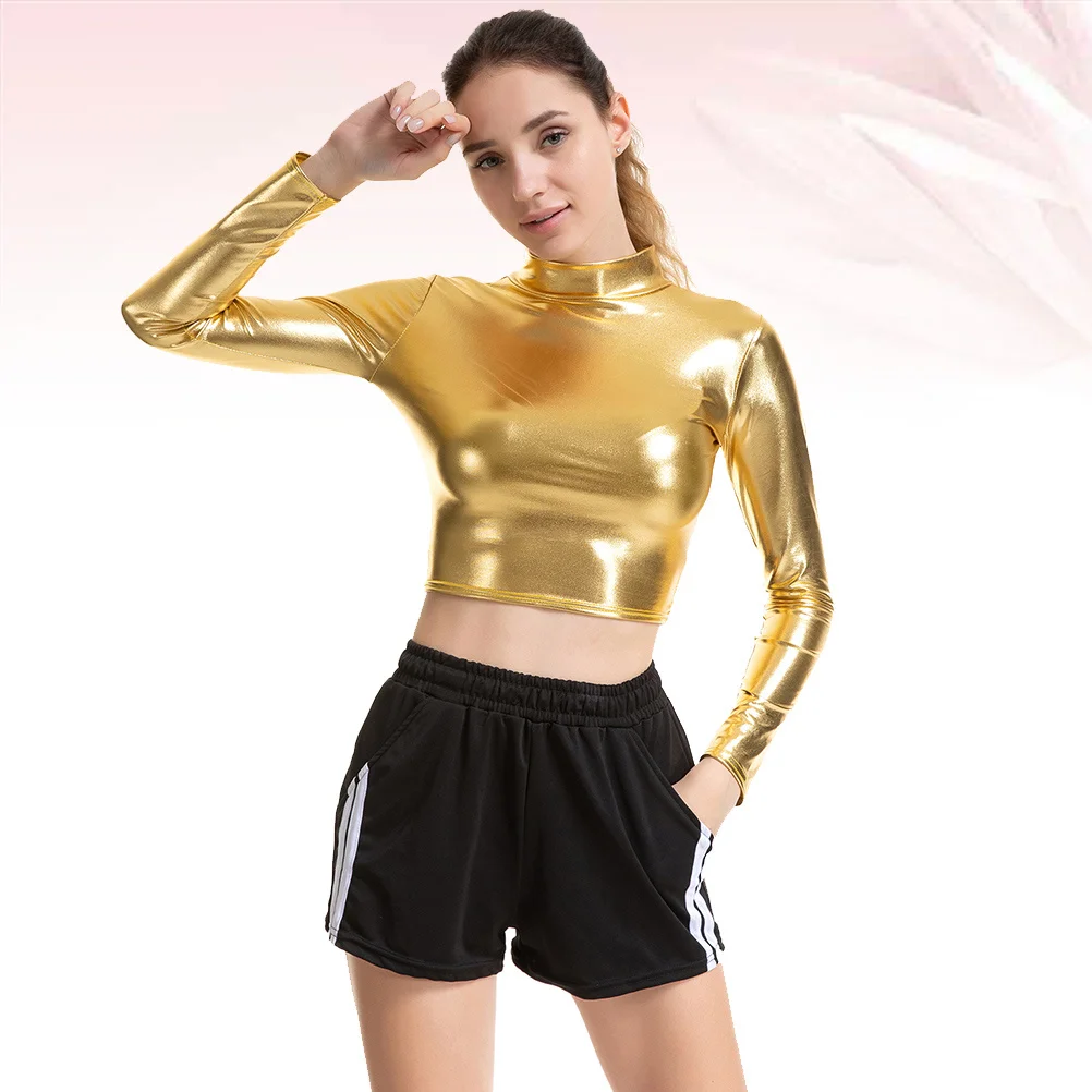 

Golden Patent Bustier Long Sleeve Performance Costume Evening Party Nightclub Stage Woman Shiny Apparel Elegant