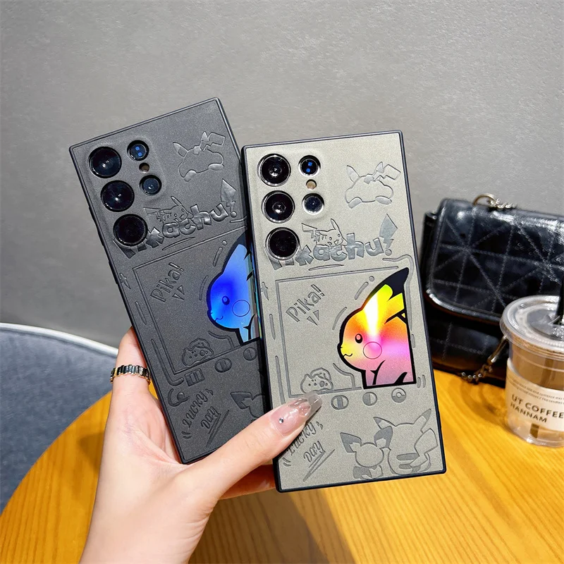 الفاخرة مكافحة الفراء الليزر لطيف أنيمي بوكيمون بيكاتشو جراب هاتف لسامسونج S23 S22 S24 الترا الساخن الجلد المدبوغ لينة جلدية عدسة حماية