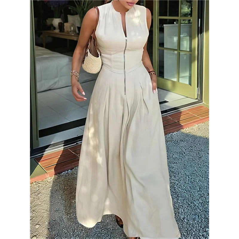 CGS-Abito longuette casual estivo diviso da donna con scollo a V profondo e maniche ad aletta con cerniera e vita elastica con tasche