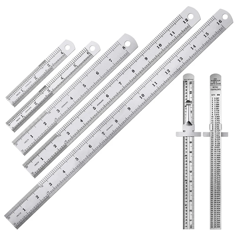 7Pc Precision Stainless Steel Ruler Set Pocket Ruler Tools Scale Gauge Ruler for Woodwork Engineer Office Home