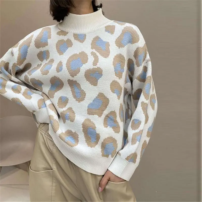 

Winter Women's Sweater 2023 Leopard Print Animal Basic White Turtleneck Oversize Jumper Vintage Warm goth 2000s grunge clothes