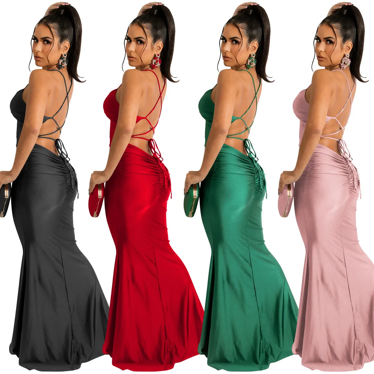 لون نقي مثير Strapl Bal Tie Dye Long Dr X567 Cross-Border Women's Dr V-Ne Svel Midi Dr for Perfo...