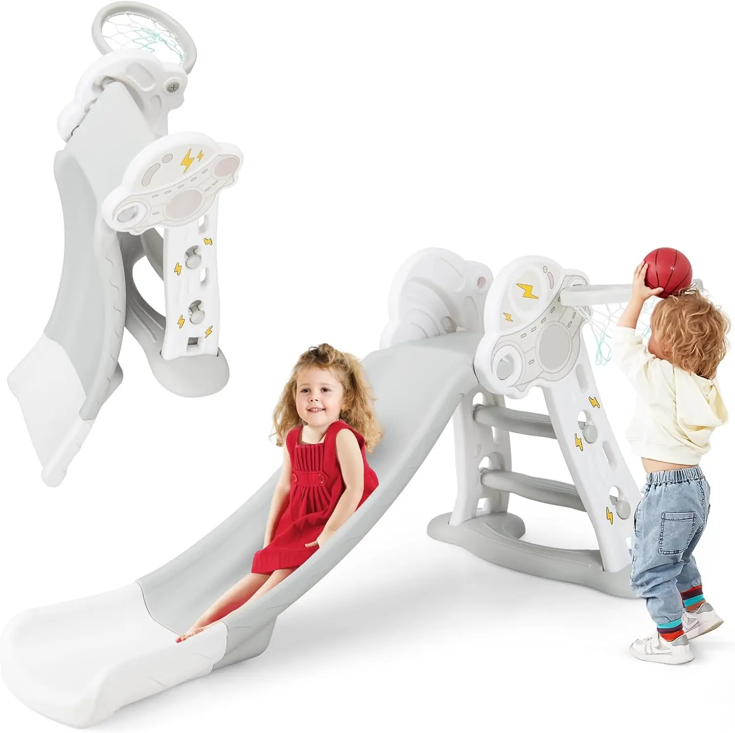 

Toddler Slide, 3 in 1 Foldable Kids Slide Indoor Slideway with Basketball Hoop, Outdoor Climber Freestanding Playset, Extra Long