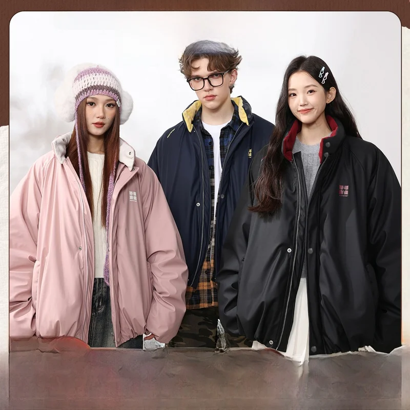 

Manyston American Trendy Brand Loose Fit Thiened Stand Collar PU Leather Cotton Jaet Winter Warm Outerwear for Teens