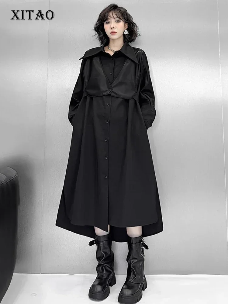 

XITAO Loose Pu Patchwork Shirt Dress Casual Long Sleeve A-line Women Temperament Simple Solid Color Slimming Dress HQQ2428