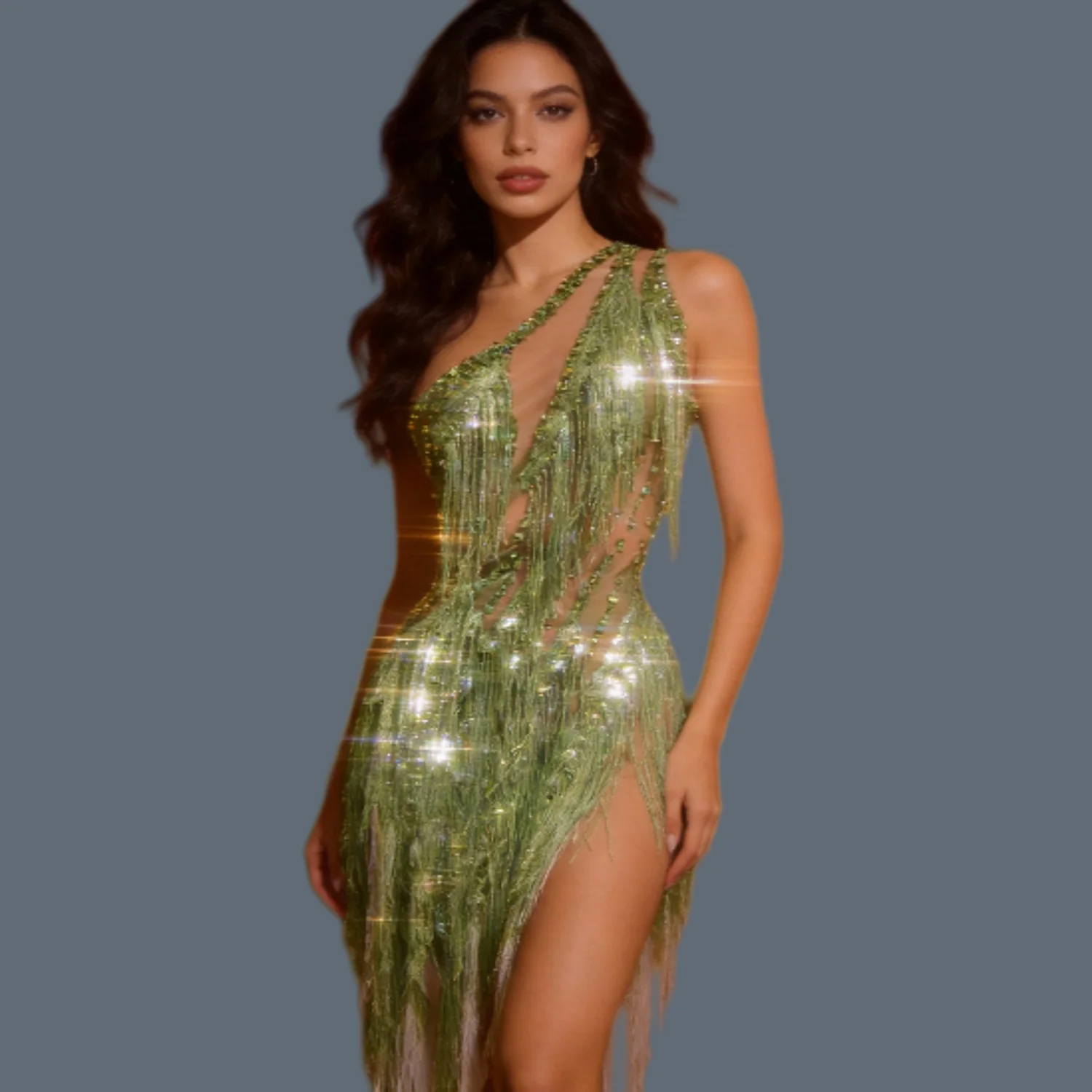 

Sexy Women Sparkly Rhinestone Latin Dance Mini Dress Night Club Drag Queen Performer Wear Event Party Dress Outfit Chunfeng