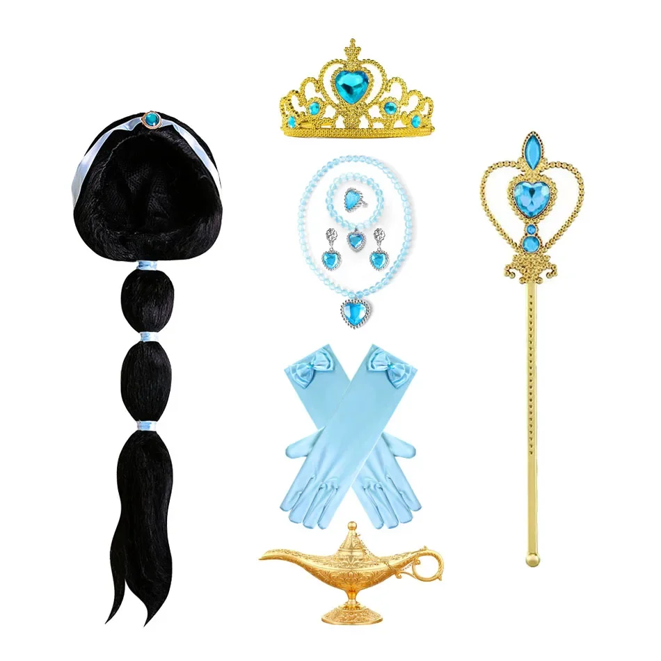 Girls Aladdin Jasmine Princess Necklace Earrings Headwear Cosplay Accessories Clips Wig Earrings without Pierced Ear Clip Women