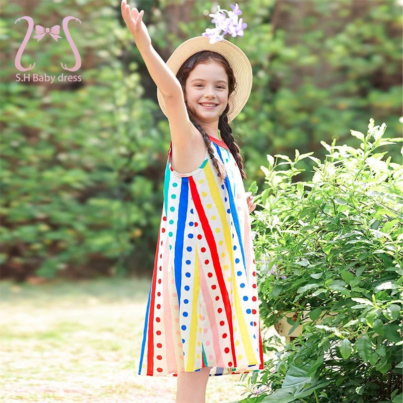 

Fashionable Kids Girls Colorful Striped Polka Dot Sundress Sleeveless Summer Dress with Red Collar Children Soft Casual Costume