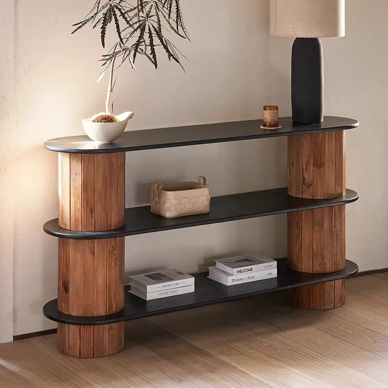 Wabi-sabi style color matching three-layer solid wood entrance cabinet storage rack log decorative table sofa side table