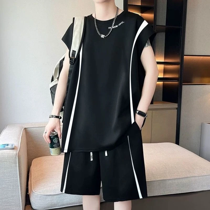 

Youth Men Sleeveless T Shirt Two Piece Set Summer New Loose Versatile Student Sports Casual Outfit