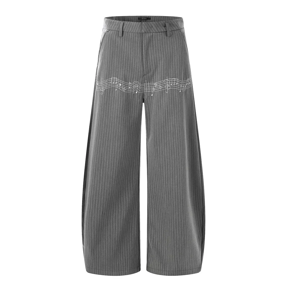 

Men's Gray Pinstripe Wide Leg Suit Pants Music Note Embroidered Casual Dress Trousers Relaxed Fit Business Slacks Office 2026