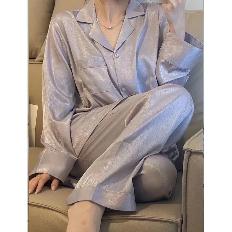 Autumn Winter New Lapel Cardigan Women's 2 Pieces Set Ice Silk Soft Sleepwear for Women Simple Solid Color Elegant Women's Sets