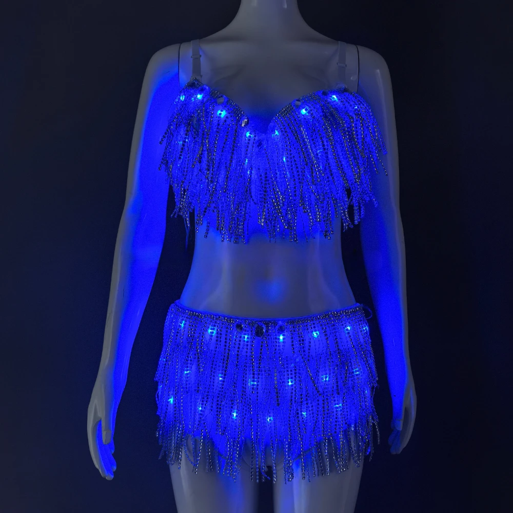 Luminous Suits Belt Show Women Reflective Face Tasseled Bra Belly Dancer Dress AccessorieLED Clothes Glowing Bra Shorts Fashion