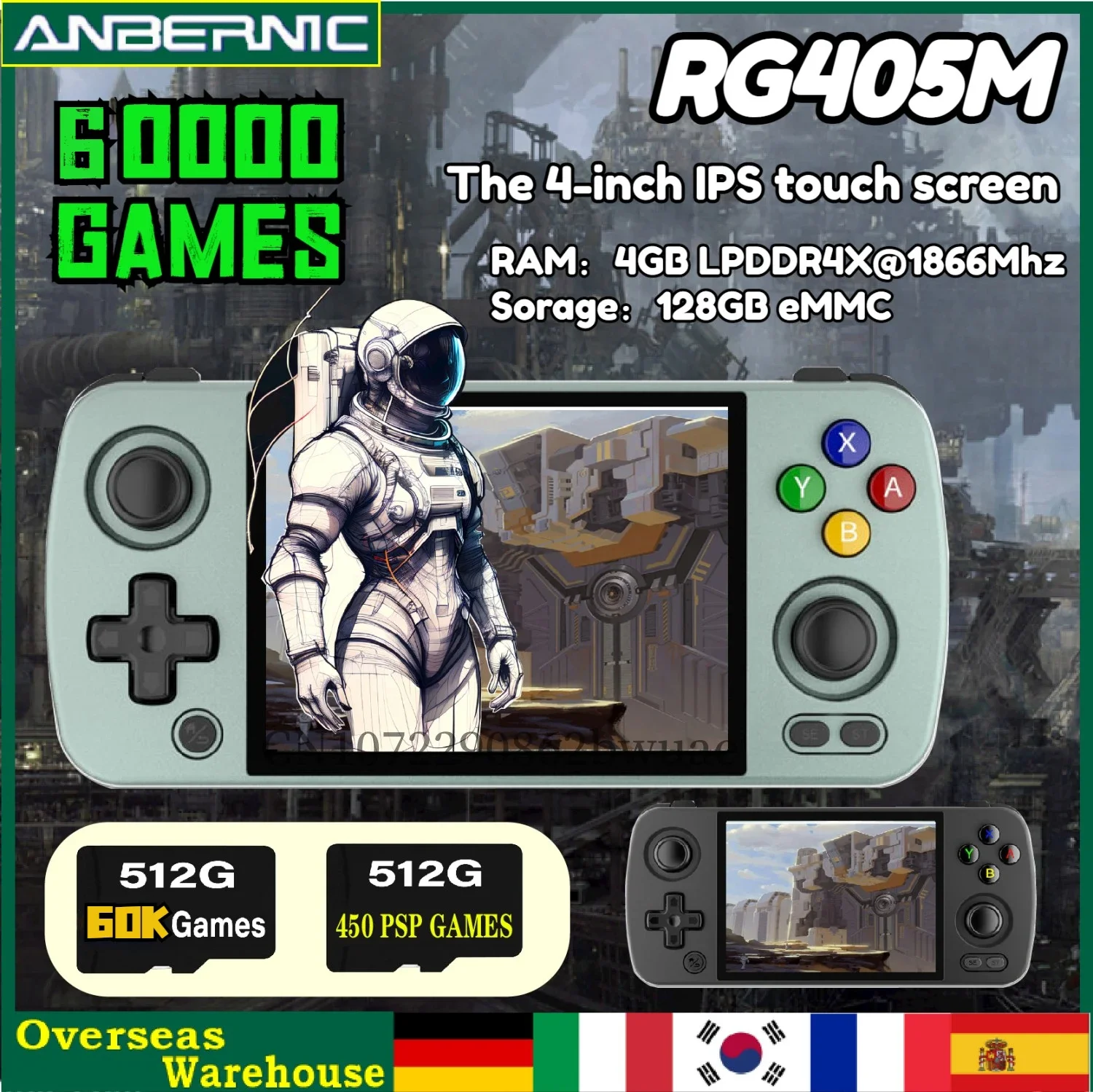 ANBERNIC konsol Game genggam Android 12 RG405M, konsol Game genggam 512G 2023, layar IPS 4 inci, unioc Tiger T618 70000