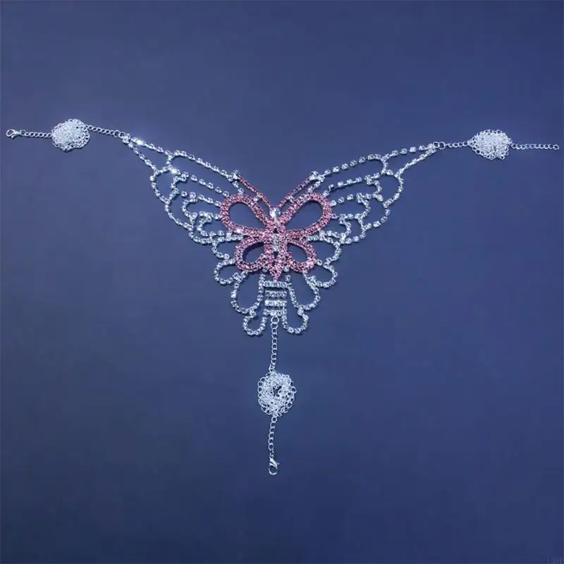 

L38E Women Sexy Rhinestones Bra Thong Set Crystal for Butterfly Body Chain