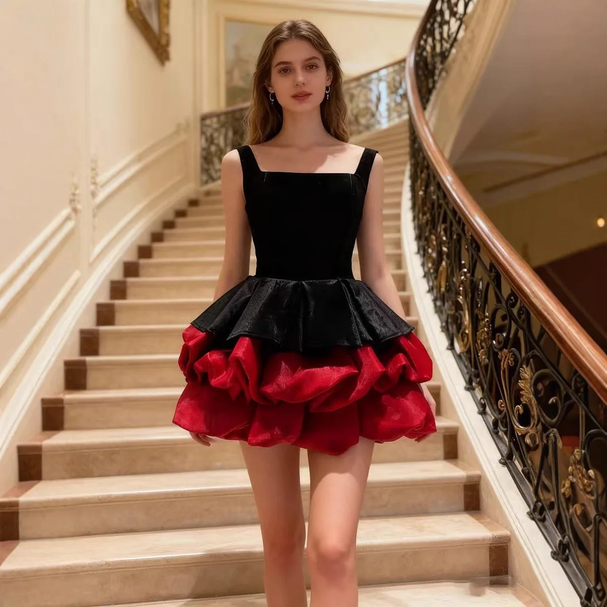 Women Color Blocking Backless Tunic Dresses Sexy Spaghetti Strap Square Neck Ruffles Mini Dress Unique  Birthday Party Skirt