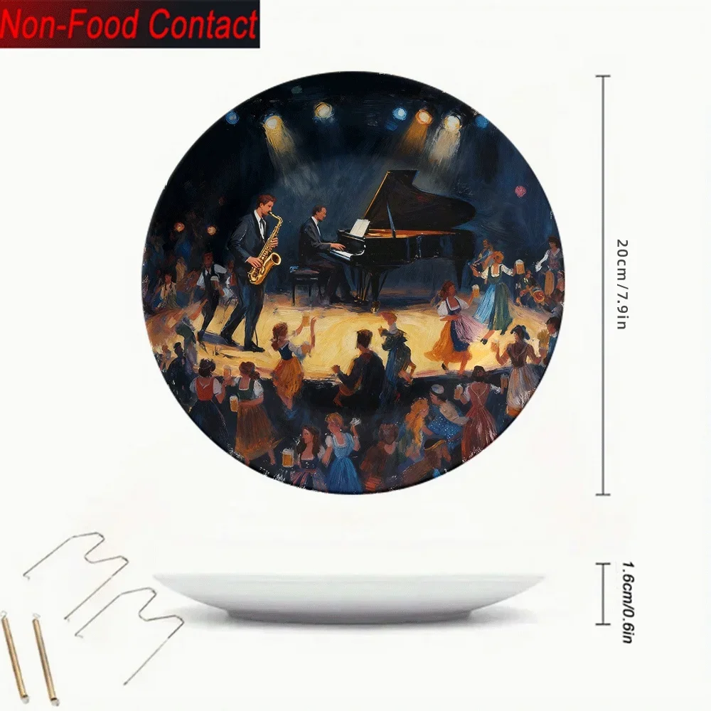 1pc Jazz Band Music-Themed Ceramic Decorative Plate - Saxophone & Piano Jazz Musicians Round Wall/Table Art for Home, Non-Food