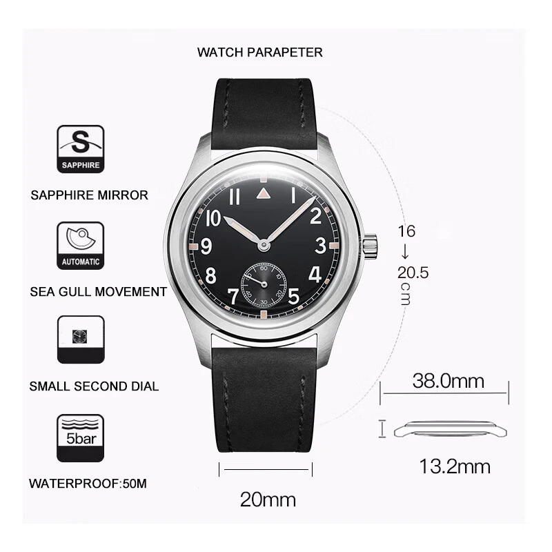 Мужские автоматические часы Parnis, 38 мм, роскошные механические наручные часы, 5 атм, водонепроницаемые, с сапфировым зеркалом, второй второй циферблат
