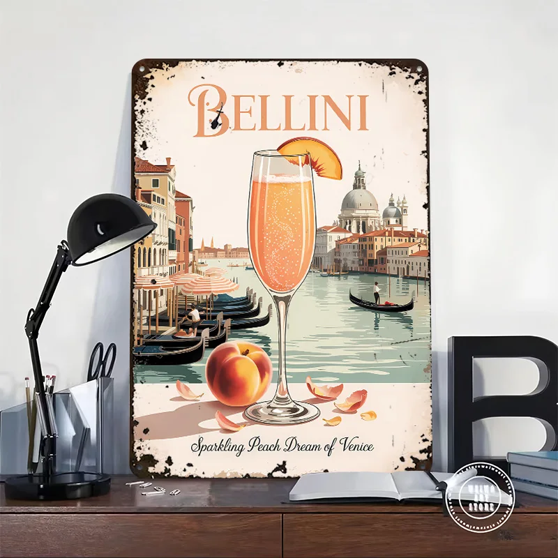 Bellini Cocktail in Venice Metal Poster Customized Wall Art Retro Vintage Metal Signs for Man Cave Decoration Bedroom Tin Sign