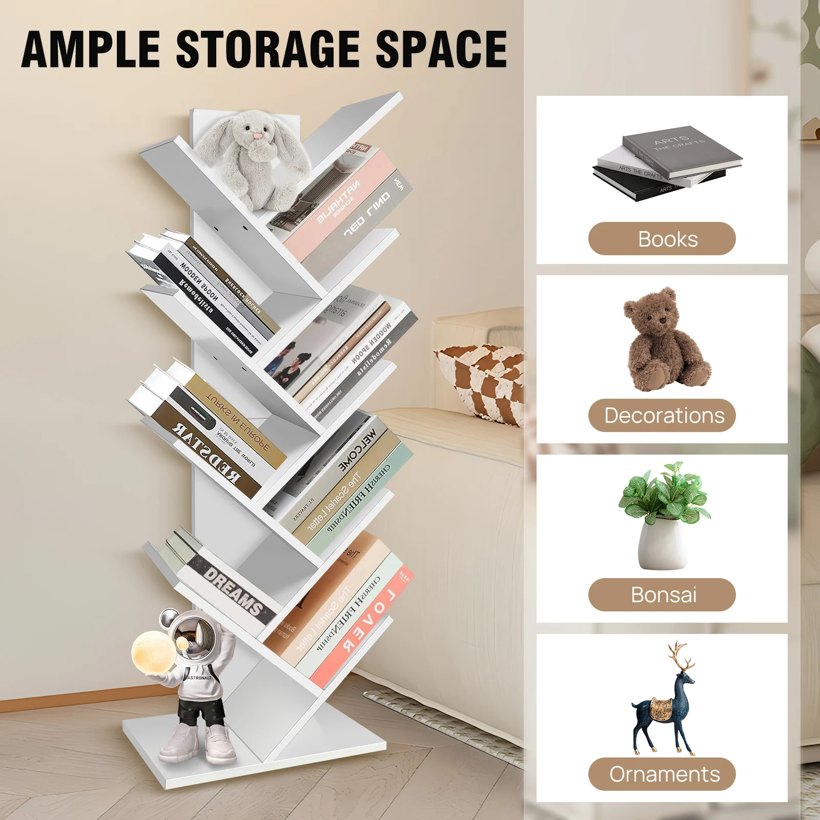 Книжный шкаф, книжная полка в виде дерева, 9-уровневая напольная книжная полка Полки для хранения в форме дерева Дисплей Стеллажи для хранения для дома