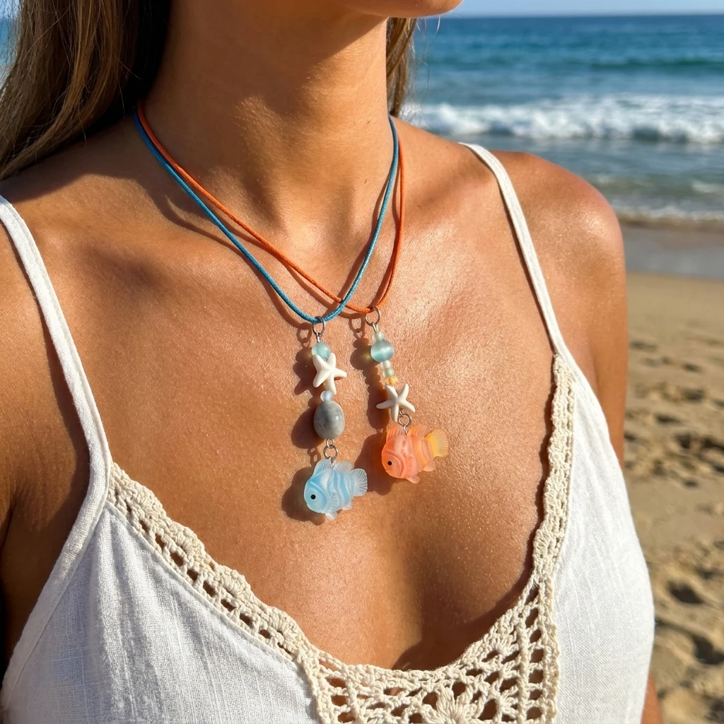 

Vintage Cute Resin Clownfish Pendant Necklaces for Women Handmade Starfish Beaded Rope Chain Choker Y2K Summer Seaside Jewelry