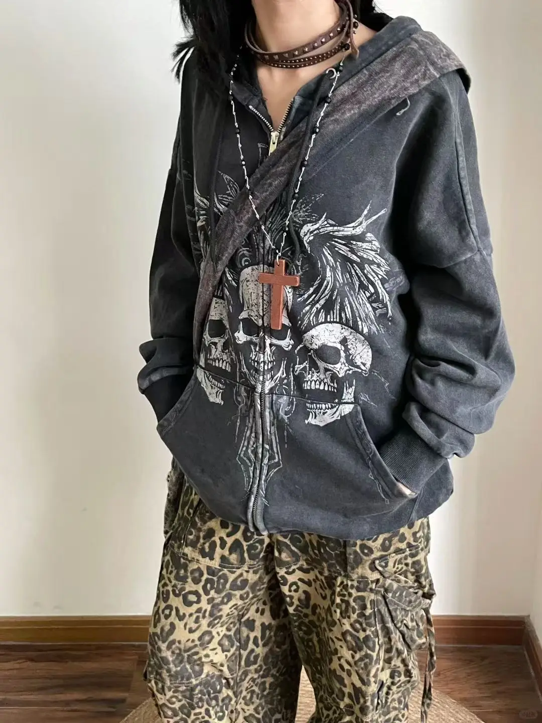 Y2K Goth Zip Up Hoodie Men Black Cotton Techwear