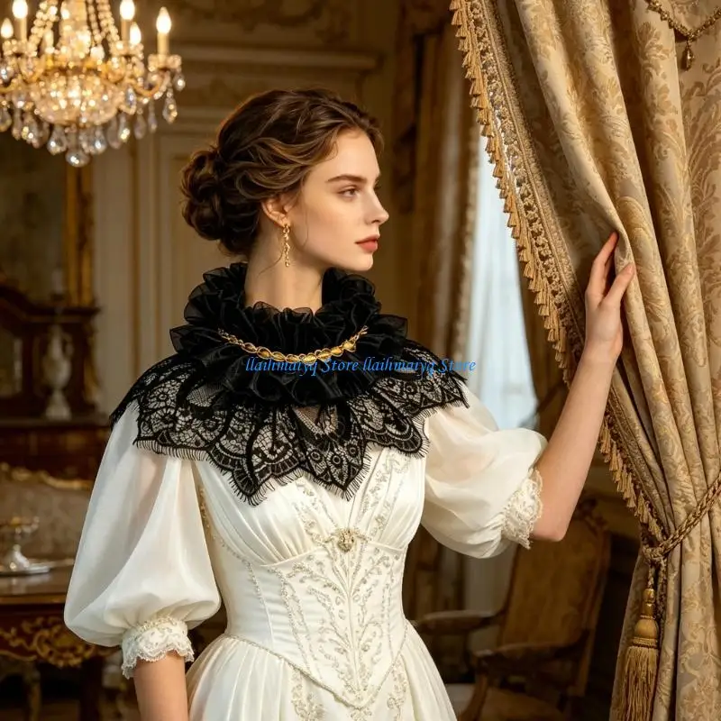 573B Elegant Lace Detachable Collar French False Collar For Women Fashion Accessory Renaissances Ruffled Capes